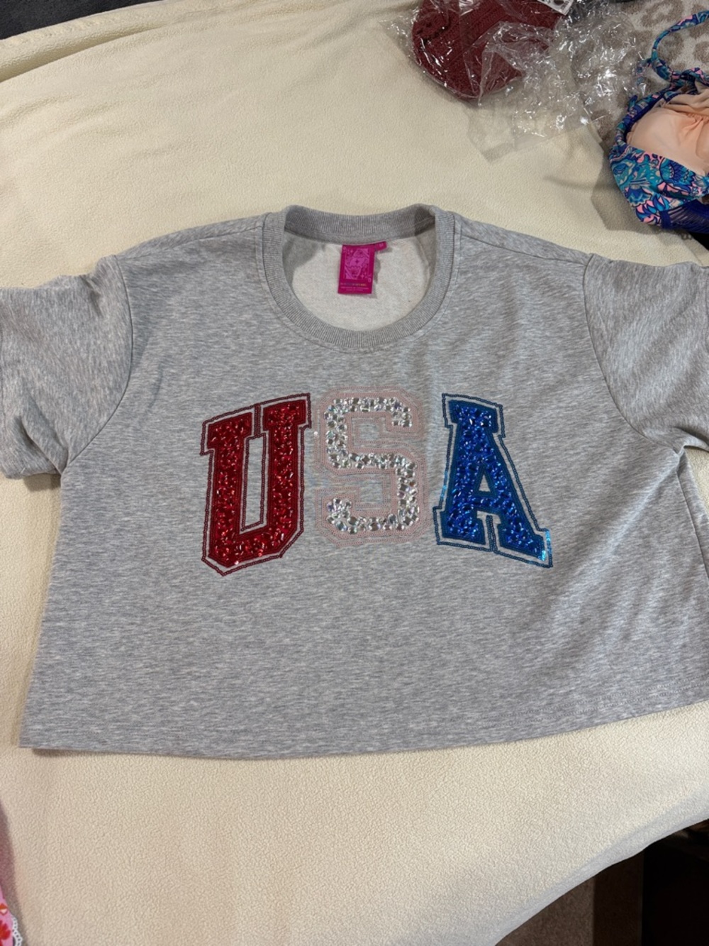 QUEEN OF SPARKLES Gray Crop Tee with Red, White & Blue Sequin USA - Picture 3 of 10